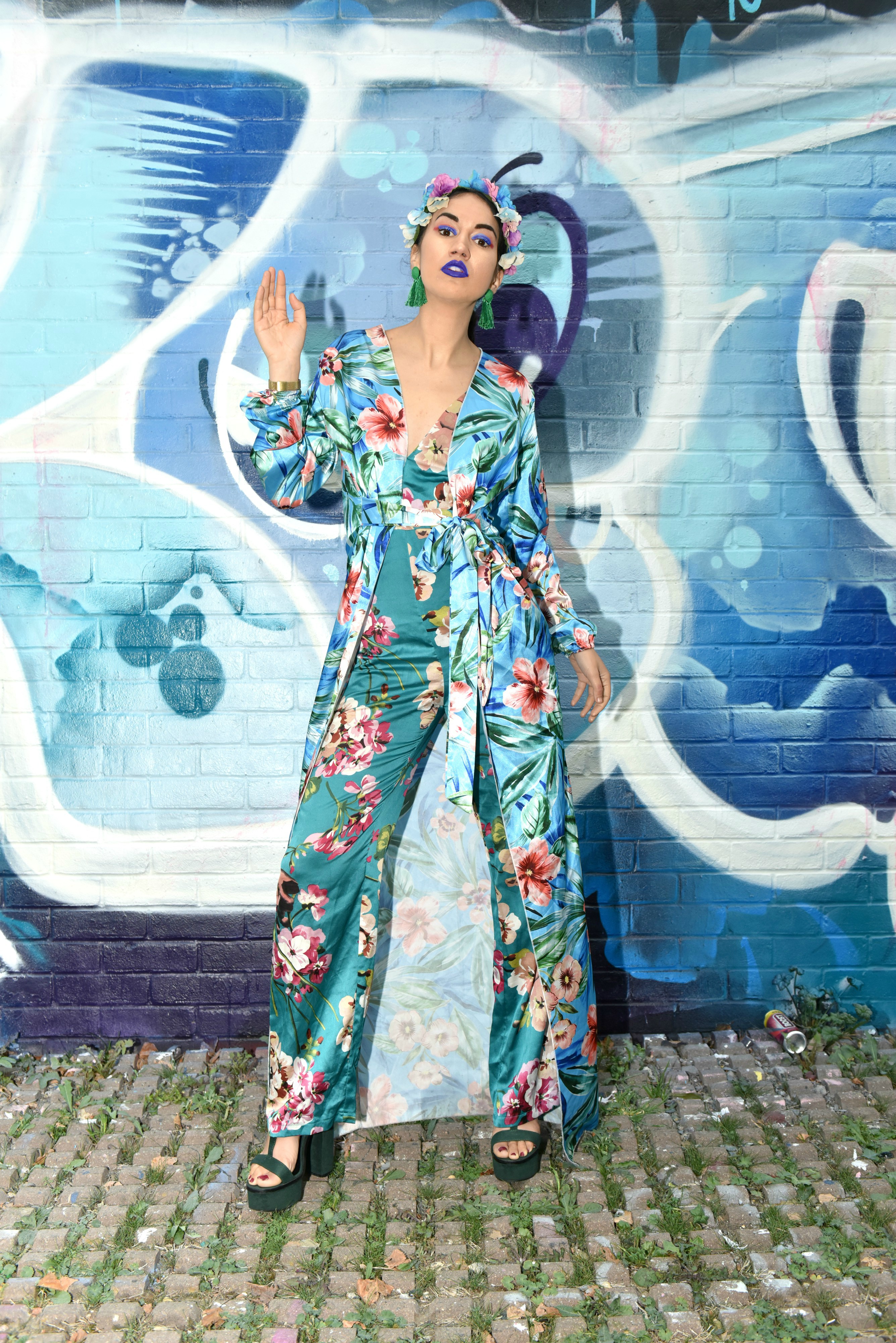 <img src="ana.jpg" alt="ana green floral jumpsuit in love with travel"/> 