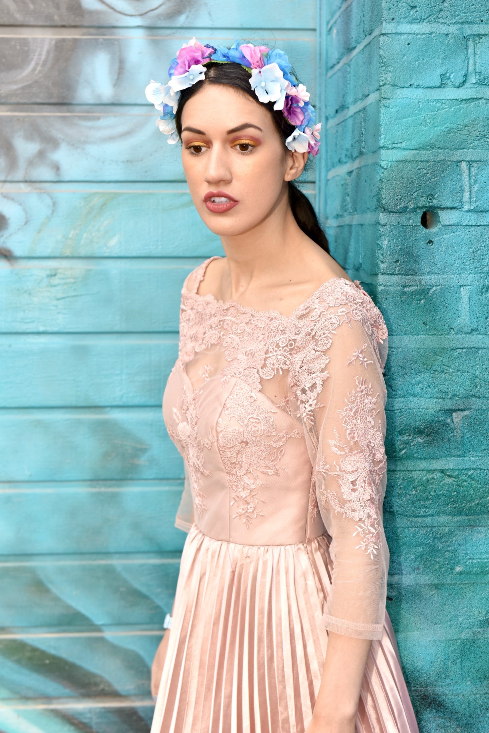 <img src="ana.jpg" alt="ana in pink pleated lace dress chi chi"/> 