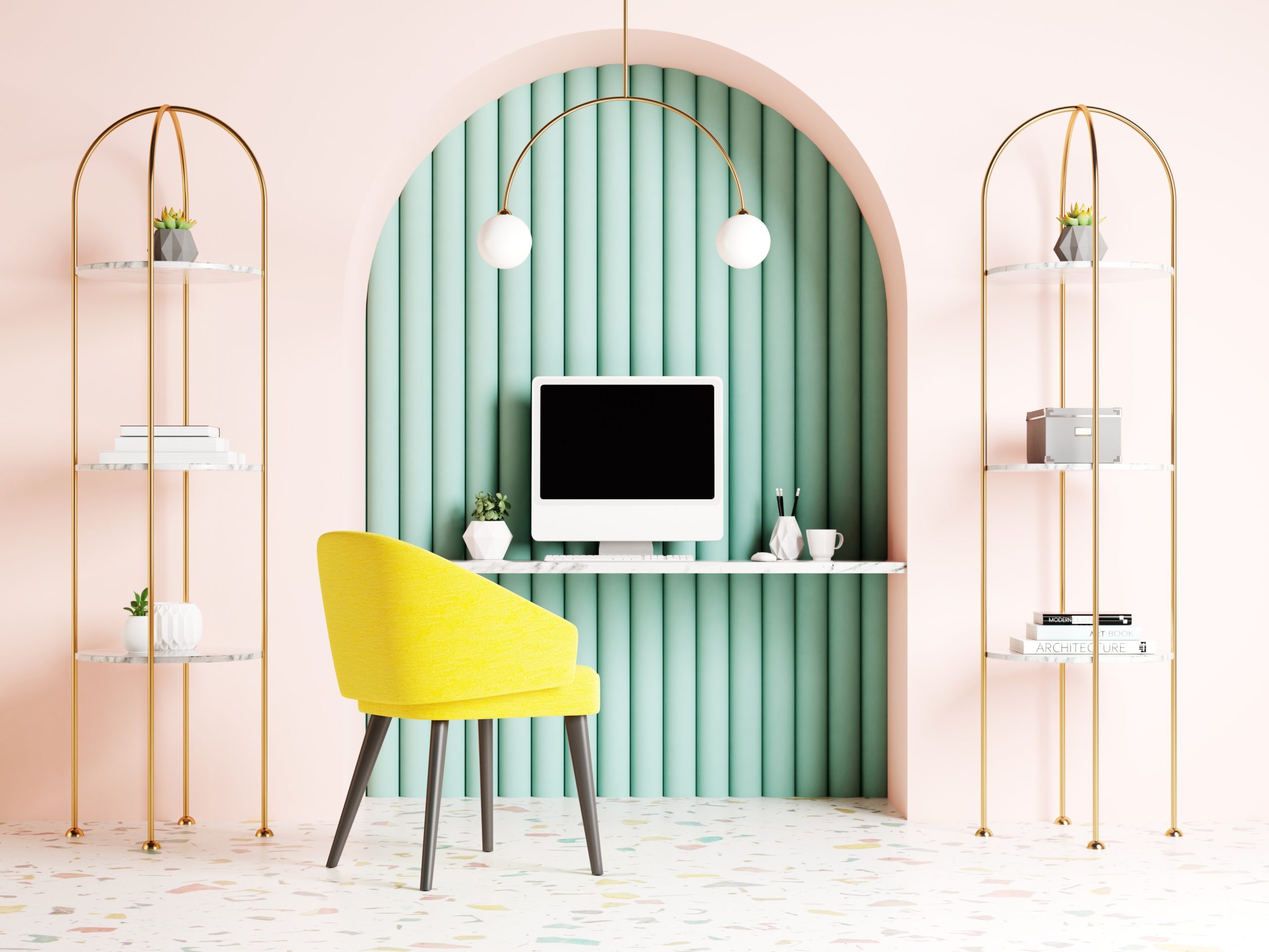 <img src="pink.jpg" alt="pink and green office with chair"/> 