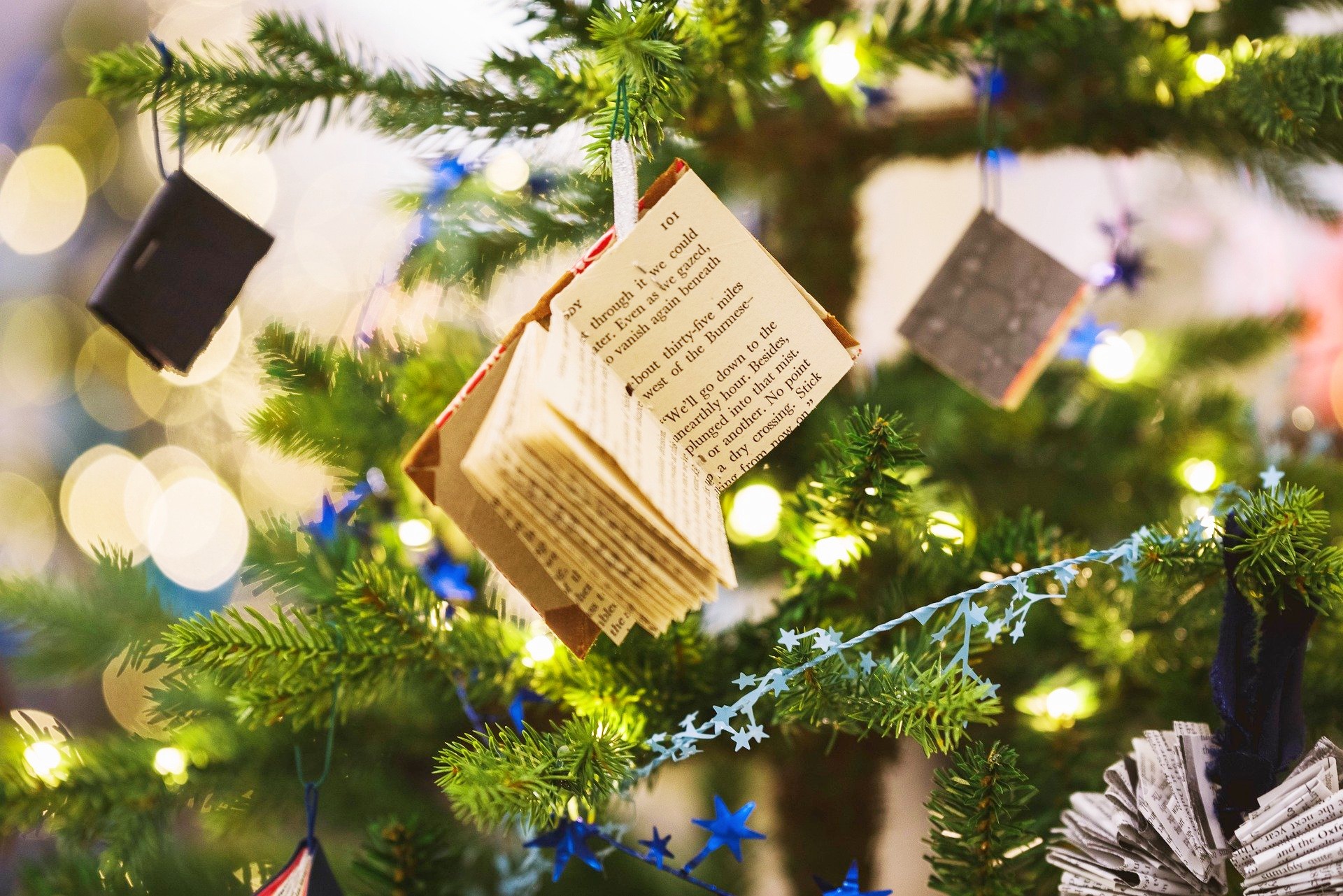 <img src="book.jpg" alt="book decorations in Christmas tree"/> 
