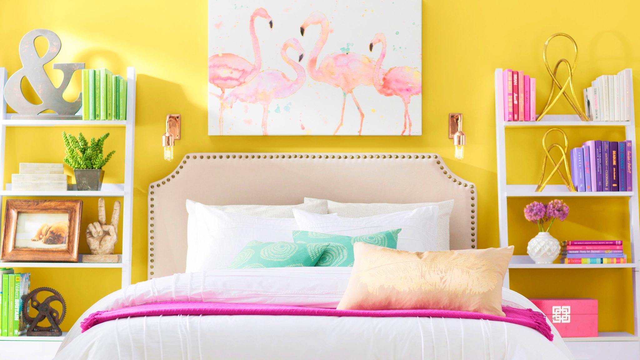 Mustard pink and grey bedroom