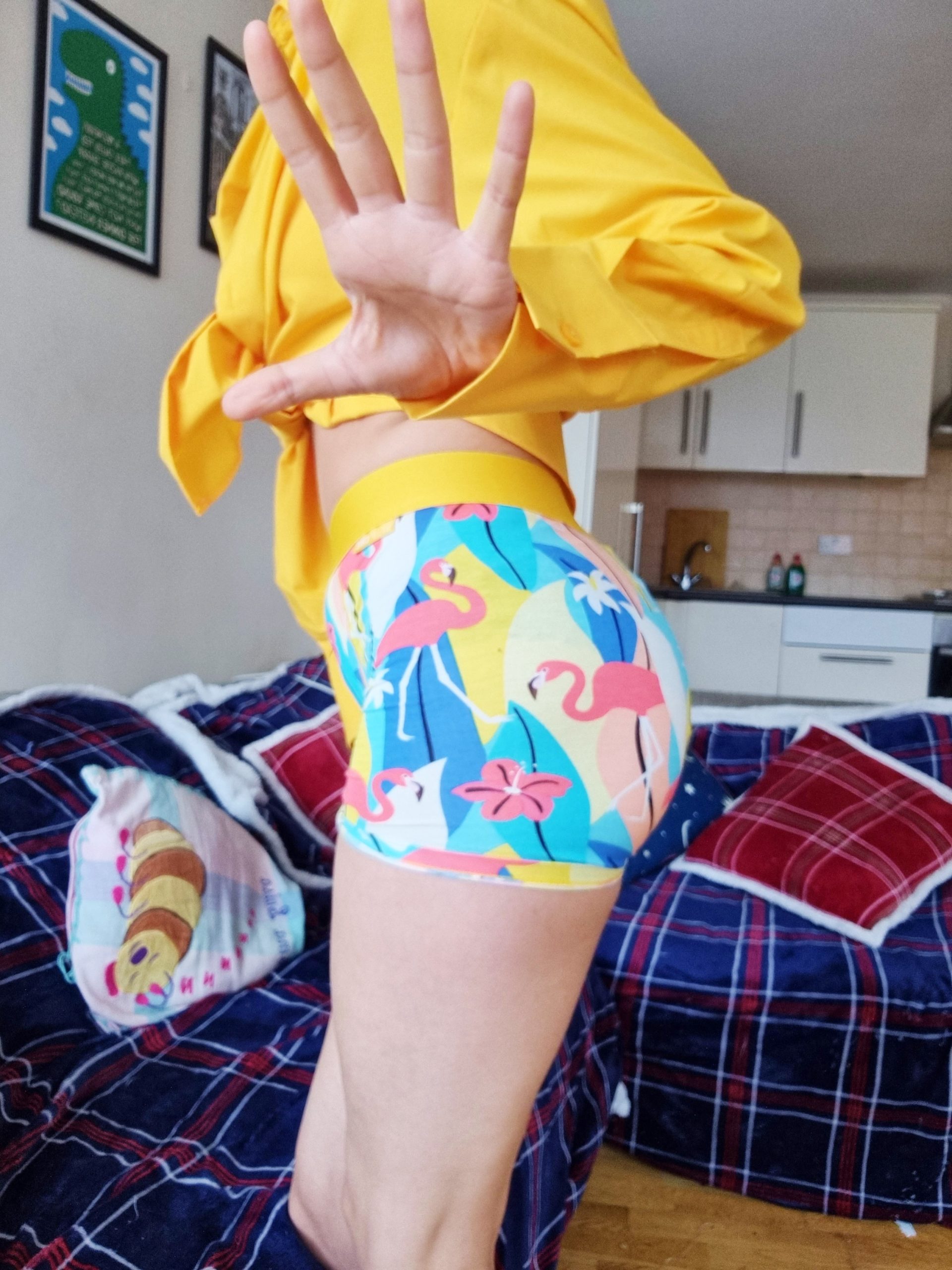 <img src="ana.jpg" alt="ana in yellow knotted shirt and flamingo boxers"> 