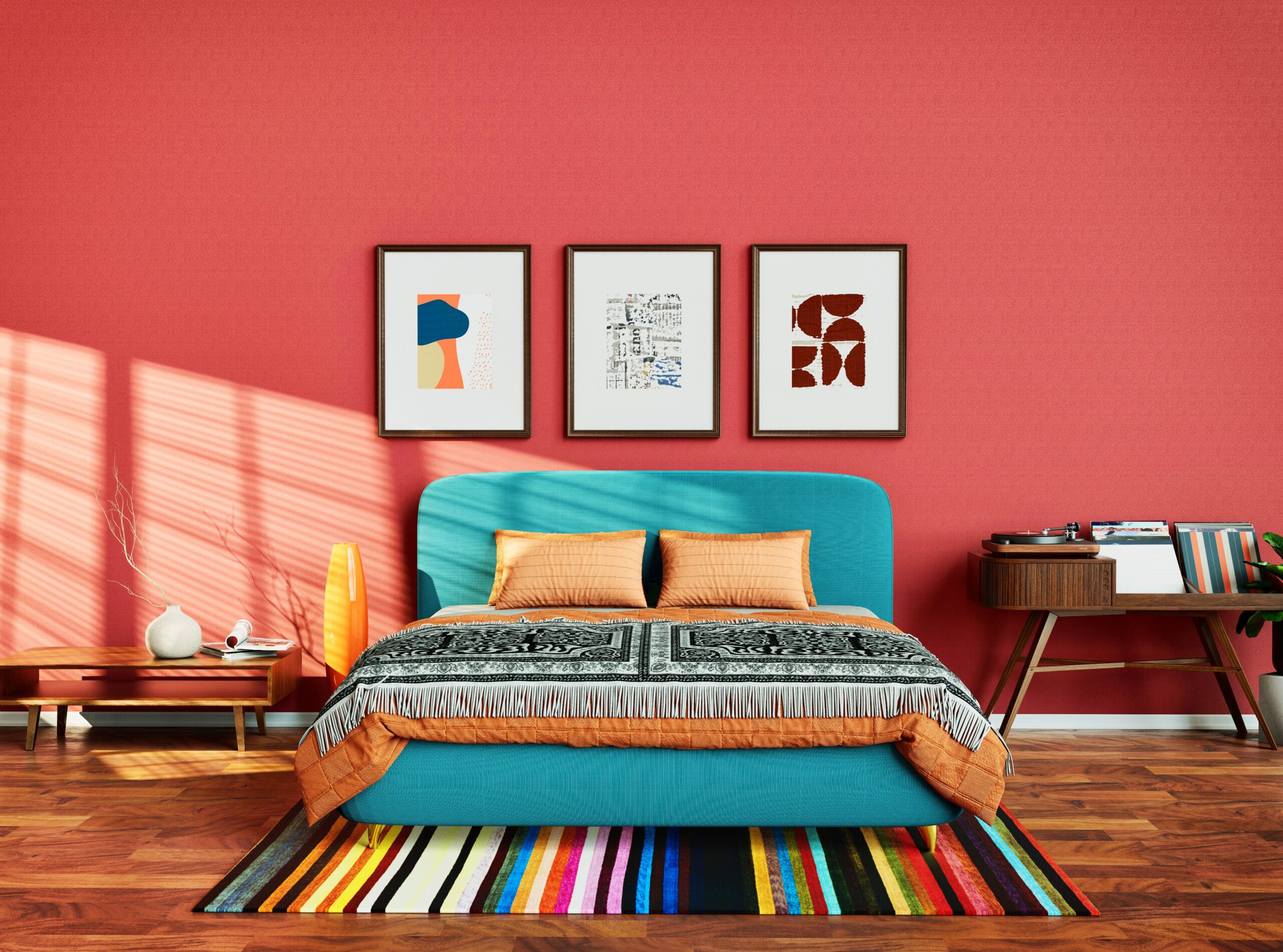 <img src="redjpg" alt="red bedroom with blue bed and rug"/> 